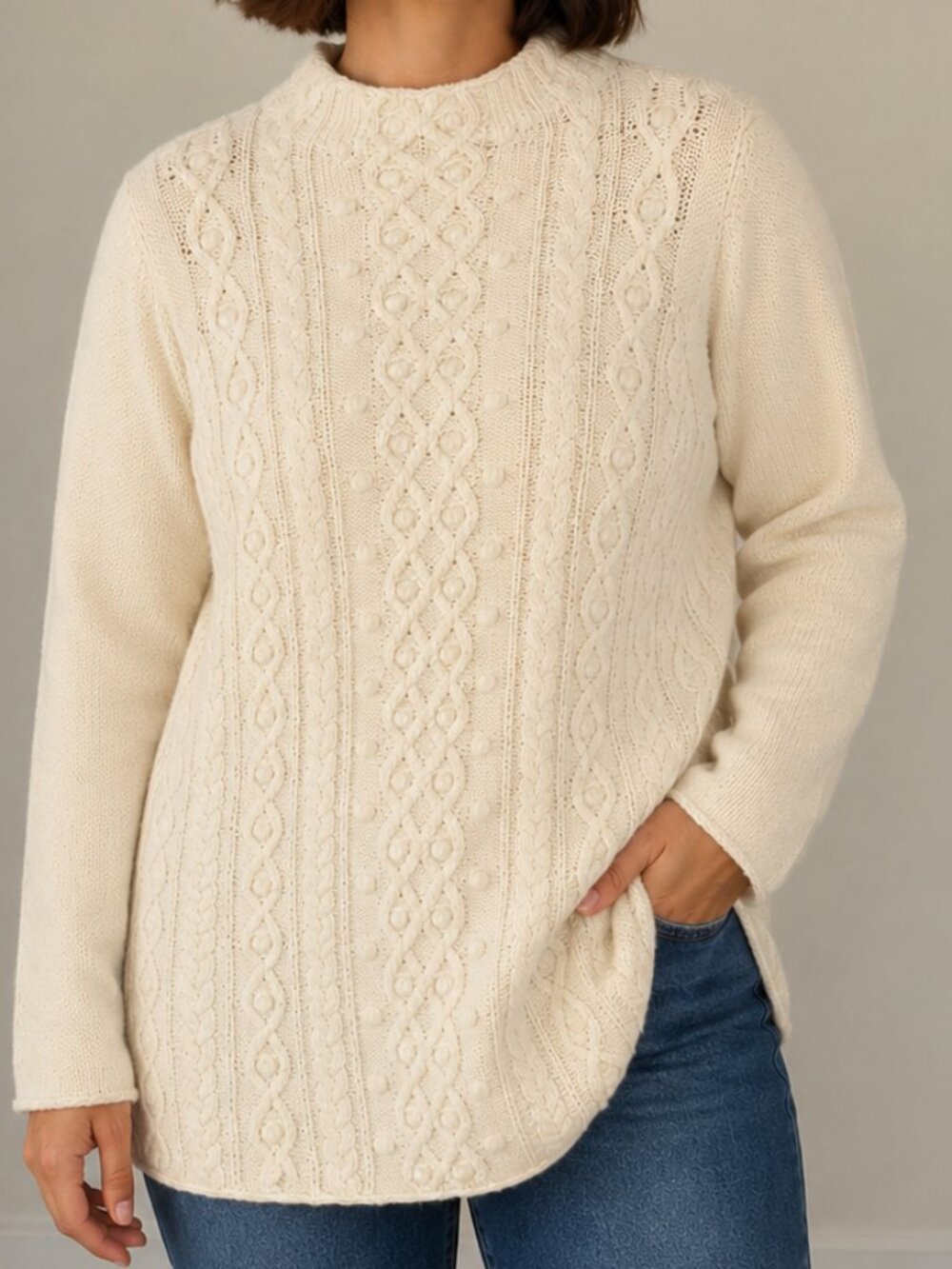 Talbots White Crew Neck Cream Cable Knit Sweater 1XP Plus Size Petite